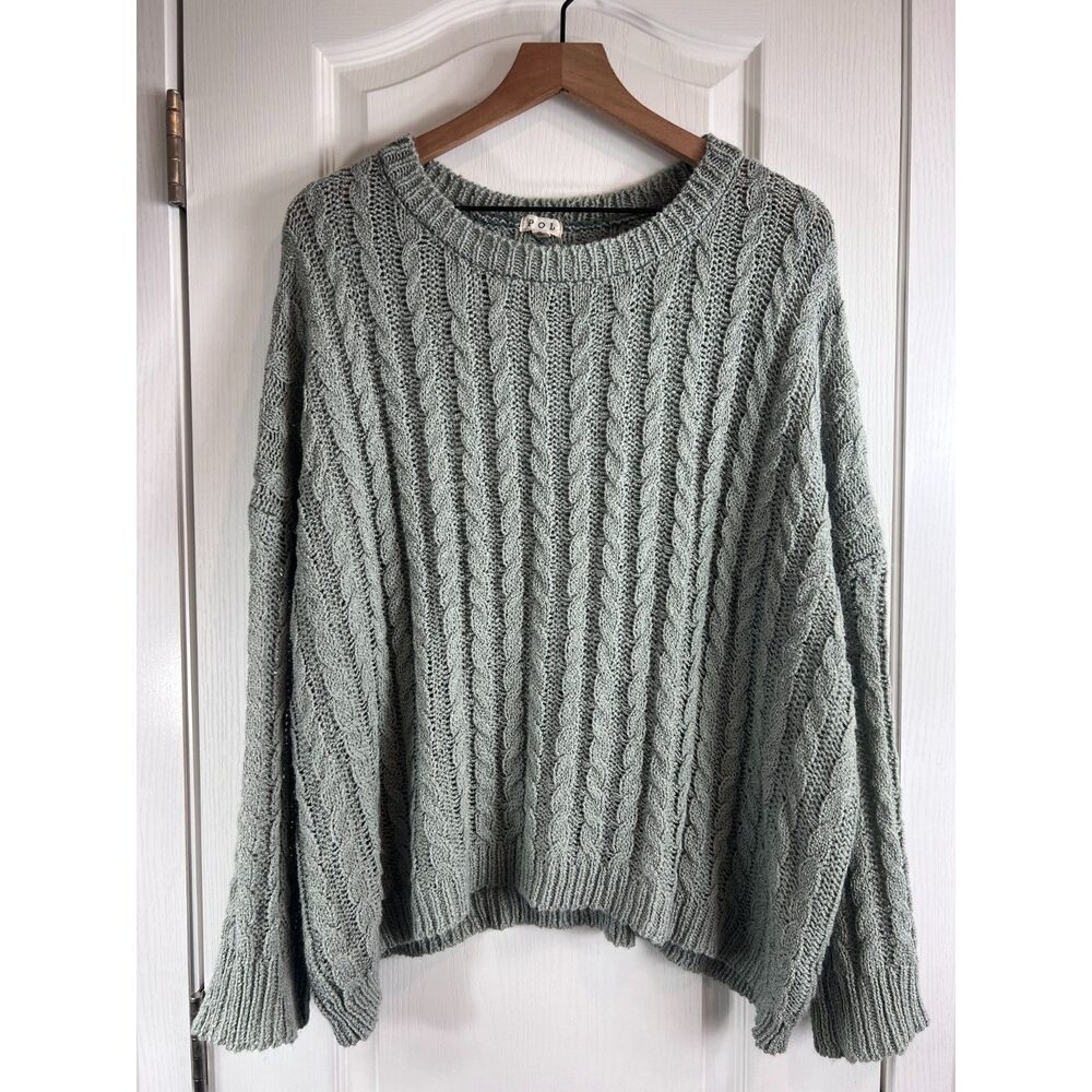 POL Women's Oversized Sweater Green Open Cable Knit Acrylic Polyester Size S